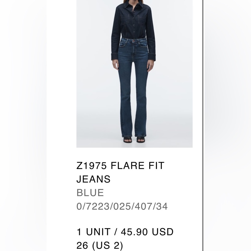 ZARA Z1975 FLARE FIT JEANS, blue, size 26 (US 2), never worn